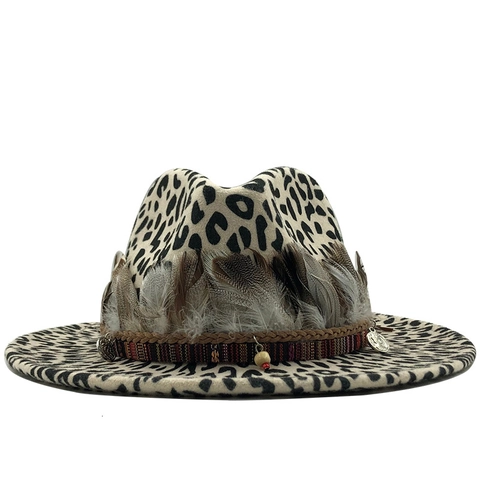 Cappello Fedora Leopardato Lana Tesa Larga Piatta Piume Etnico Perline Boho Western Jazz Per Donna Uomo