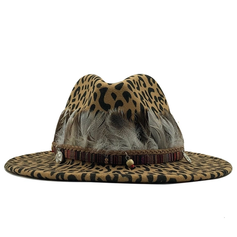 Cappello Fedora Leopardato Lana Tesa Larga Piatta Piume Etnico Perline Boho Western Jazz Per Donna Uomo
