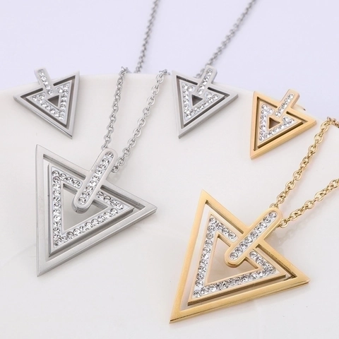 Collana E Orecchini In Acciaio Inossidabile A Doppio Triangolo Geometrico Con Strass Incastonati Accessorio Da Donna Elegante