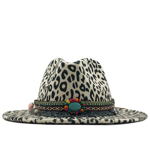 Leopard Print Fedora Hat Woolen Bohemian Ethnic Band With Turquoise Tassels Wide Flat Brim Jazz Hat For Women