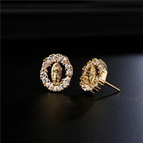 Virgin Mary Religious Stud Earrings Gold Plated Copper Oval Relief Micro Pave Cubic Zirconia Retro Ethnic Jewelry For Women