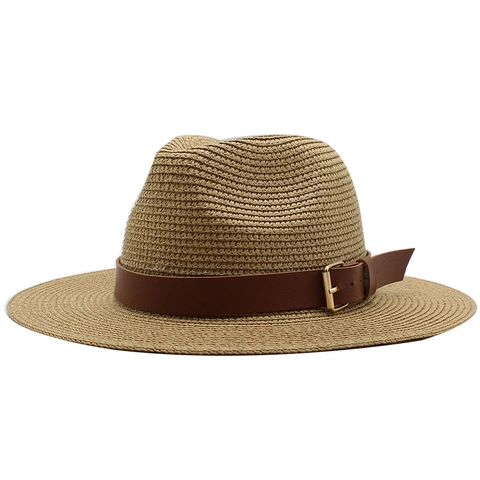 Straw Fedora Hat Wide Brim Summer Sun Protection Panama Style Breathable Jazz Cap For Men Women With Leather Belt