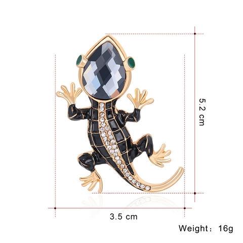 Spilla Lucertola Geco Lega Oro Smalto Nero Strass Cristallo Grigio Pin Animale Donna Moda Gioielli Novità Regalo