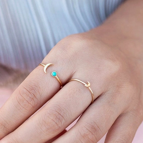 Bague Ouverte Lune en Cuivre Minimaliste avec Turquoise pour Femme Bague Réglable Style Bohème Bijoux de Mode