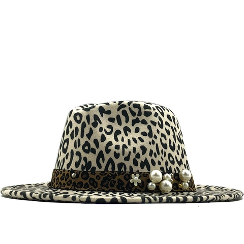 Cappello Fedora In Feltro Di Lana Con Stampa Leopardata Tesa Larga Cappello Jazz Vintage Con Künstliche Perle E Fiori