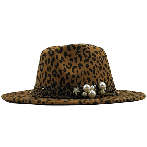 Cappello Fedora In Feltro Di Lana Con Stampa Leopardata Tesa Larga Cappello Jazz Vintage Con Künstliche Perle E Fiori
