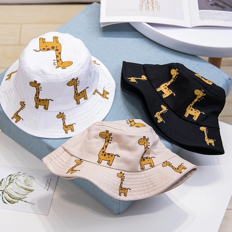 Kids Cotton Bucket Hat Cartoon Giraffe Print Foldable Sun Protection Short Brim Outdoor Fisherman Cap