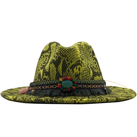 Cappello Fedora A Tesa Larga Boho Feltro Di Lana Motivo Serpente Con Fascia Intrecciata In Finto Turchese E Nappa
