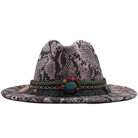 Cappello Fedora A Tesa Larga Boho Feltro Di Lana Motivo Serpente Con Fascia Intrecciata In Finto Turchese E Nappa