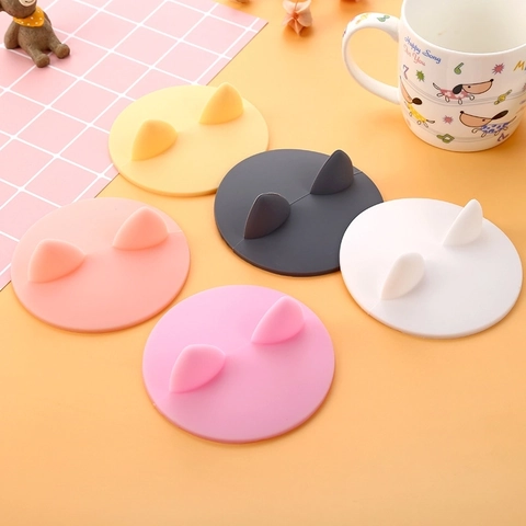 Creative Silicone Cat Ear Cup Lid Reusable Anti-dust Round Mug Cover Heat Resistant Home Office Drinkware Accessory