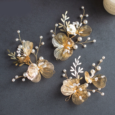 Handgefertigter Goldener Floraler Brauthaarschmuck Mit Kunstperle Und Strass Eleganter Hochzeitsschmuck Für Frauen