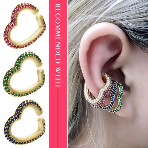 Brass Heart Ear Cuff Non Piercing Micro Pave Cubic Zirconia Heart Shaped Ear Clip Jewelry For Women