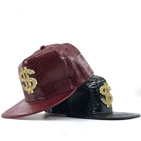 Faux Leather Crocodile Pattern Hip Hop Snapback Hat Gold Rhinestone USD Money Sign Flat Brim Baseball Cap Unisex