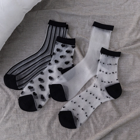 Women Mesh Crew Socks Transparent Glass Satin Breathable Cotton Sole Polka Dot Heart Striped Japanese Style