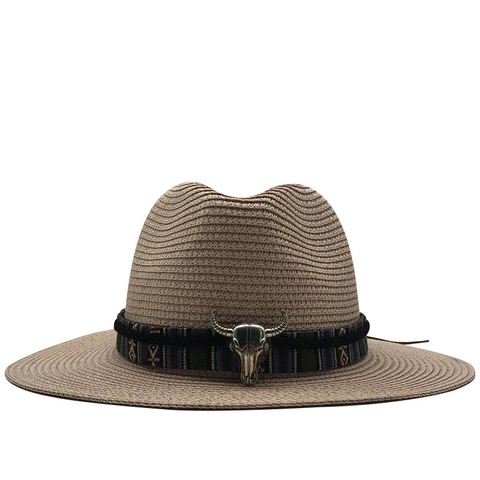 Cappello Di Paglia Fedora A Tesa Larga Stile Cowboy Western Con Fascia Etnica Decoro Testa Di Toro In Metallo Vacanze Spiaggia
