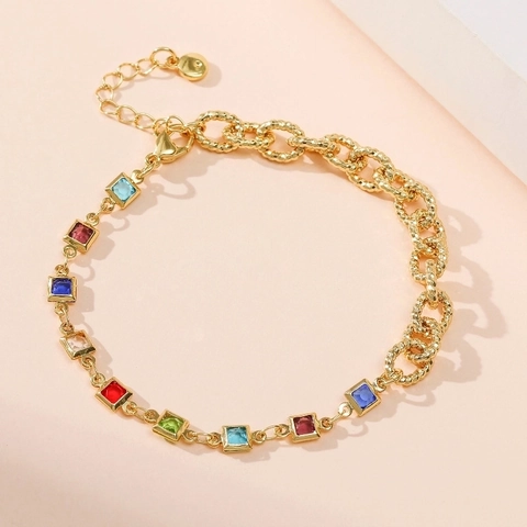 Fashion 18K Gold Plated Bracelet With Square Multi Color Zircon Adjustable Asymmetric Link Chain For Women