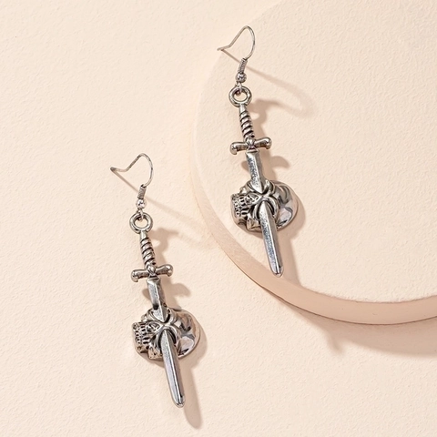 Orecchini Pendenti Gothic Punk Argento Retrò Lega Teschio Spada Lunga Pugnale Cuore Stile Oscuro Gioielli