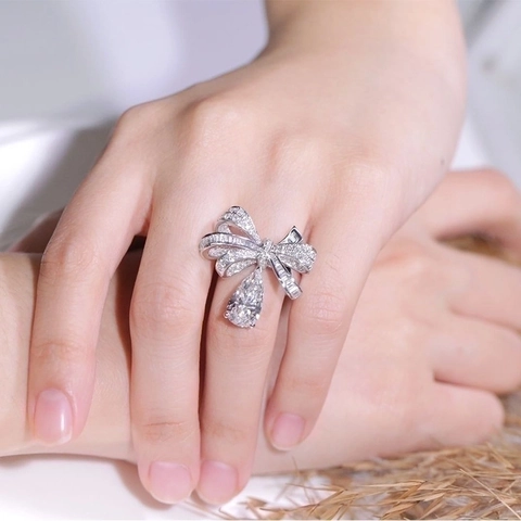 Bow Adjustable Ring Copper Pear Cut Water Drop Cubic Zirconia Luxury Elegant Jewelry For Women