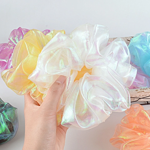 Iridescent Holographic Organza Scrunchies Korean BM Style Shiny Satin Hair Ties Sweet Elegant Large Hair Rings Women Girls