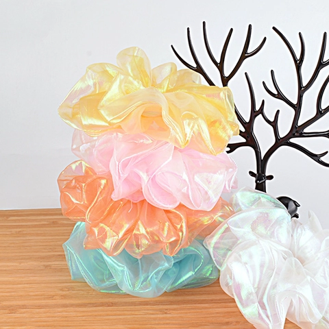 Iridescent Holographic Organza Scrunchies Korean BM Style Shiny Satin Hair Ties Sweet Elegant Large Hair Rings Women Girls