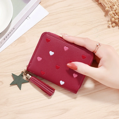 Women PU Leather Wallet Heart Floral Embroidery Zipper Coin Purse Tassel Star Pendant Card Holder Cute
