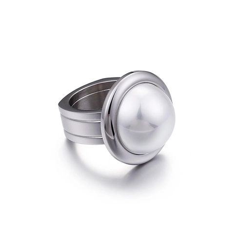 Western Style Exaggerated Stainless Steel Wide Band Ring For Women Round Faceted Rhinestone Artificial Pearl Statement Jewelry