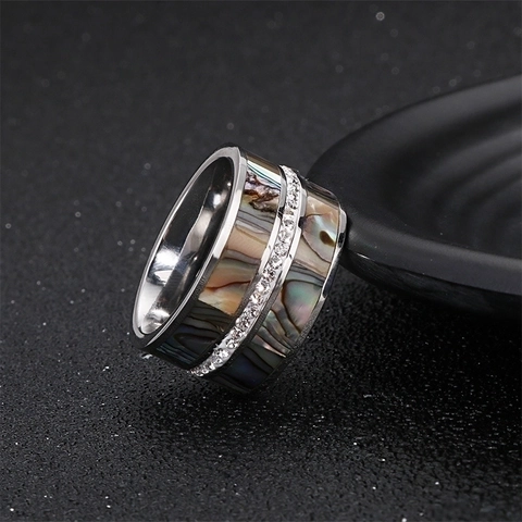 Edelstahl Breitring Mit Abalone Muschel Einlage Und Einreihiger Zirkonia Punk Stil Mode Unisex Schmuck