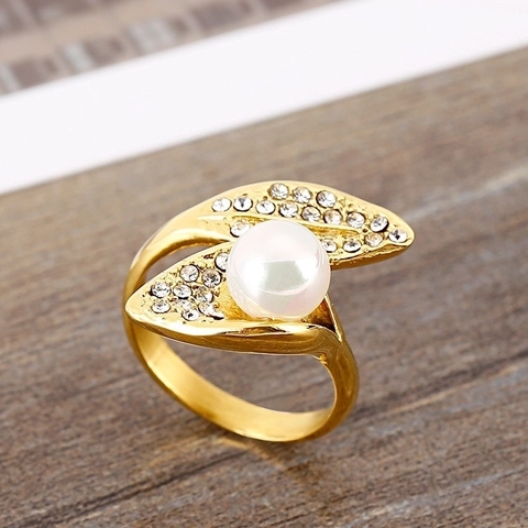 Anello Aperto in Acciaio al Titanio Fashion Western per Donna Perla Artificiale Strass Incastonato Anello da Dito Foglia Geometrica Oro