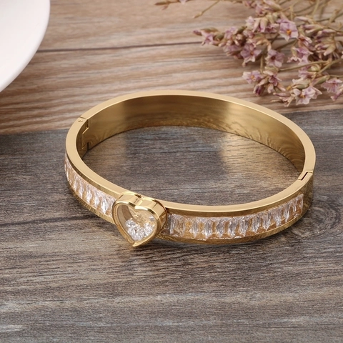 Bracciale Rigido Con Ciondolo A Cuore Acciaio Inossidabile 316L Con Zirconi Mobili Gioielli Donna