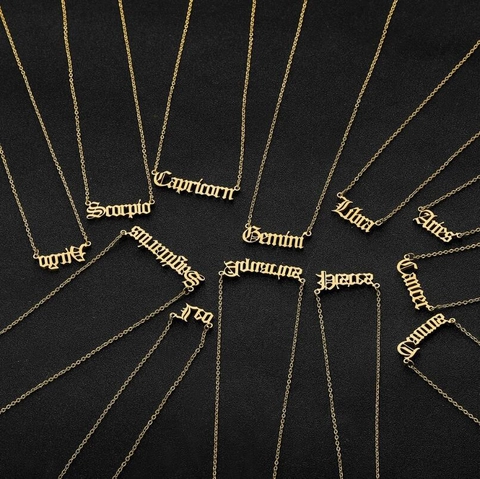 Collar de Colgante de Zodiaco de Acero Inoxidable para Mujer Letras Góticas Aries Tauro Géminis Leo Virgo Joyería Regalo