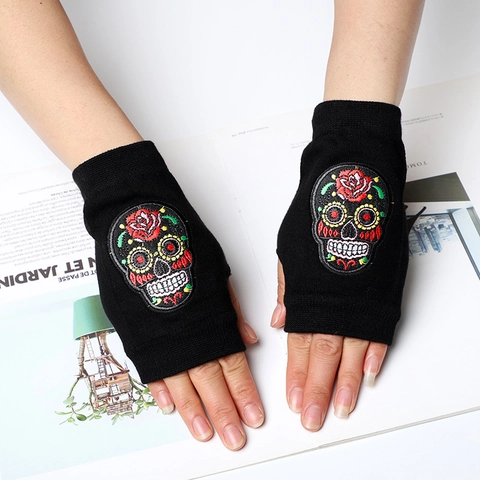 Guantes Sin Dedos De Punto Bordado Calavera Rosa Gótico Punk Mitones De Medio Dedo Accesorios De Disfraz