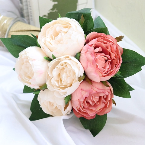 Artificial Peony Rose Flower Bouquet Satin Material For Wedding Bridal Hand Bouquet Table Centerpiece Home Decor Vintage Realistic