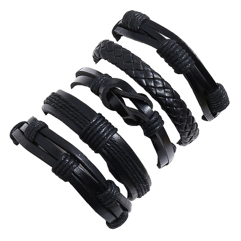 Woven Braided Multilayer Bracelet Cowhide PU Leather Wax Cord Hemp Rope Adjustable Retro Vintage Simple Jewelry For Men