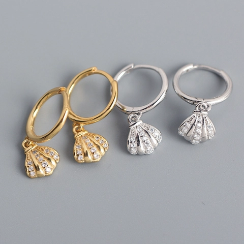 925 Sterling Silver Shell Pendant Hoop Earrings With Clear Zircon Inset Island Style Elegant Jewelry For Women