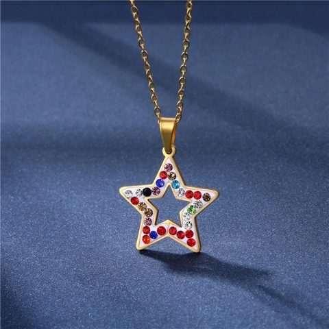 Collana Pendente Stella Acciaio Inossidabile 304 Strass Colorati Smalto Pentagramma Cavo Gioielli Hip Hop Donna Oro