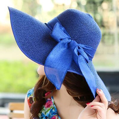 Women Summer Beach Straw Sun Hat Wide Brim Foldable Breathable Woven Paper Cap With Large Bow Elegant Outdoor Vacation