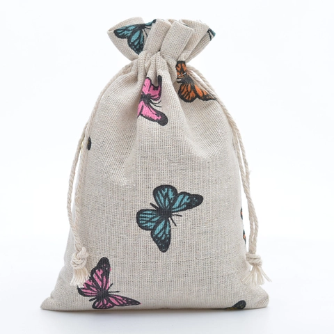 Cotton Linen Drawstring Pouch Bags Printed Jewelry Storage Bags Vintage Style Gift Packaging For Wedding Party Favors