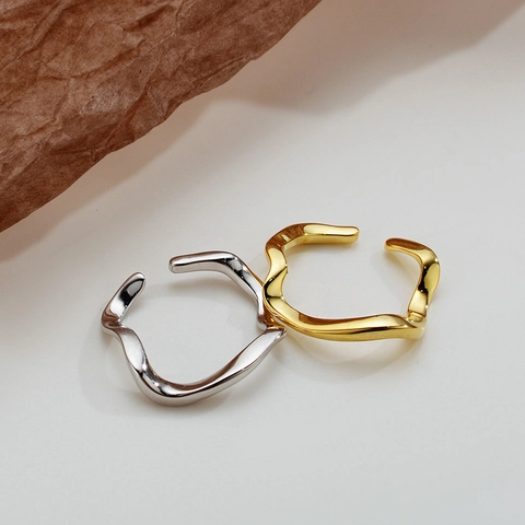 925 Sterling Silver Irregular Wave Open Ring For Women Minimalist Adjustable Liquid Metal Finger Ring Fashion Jewelry Gift