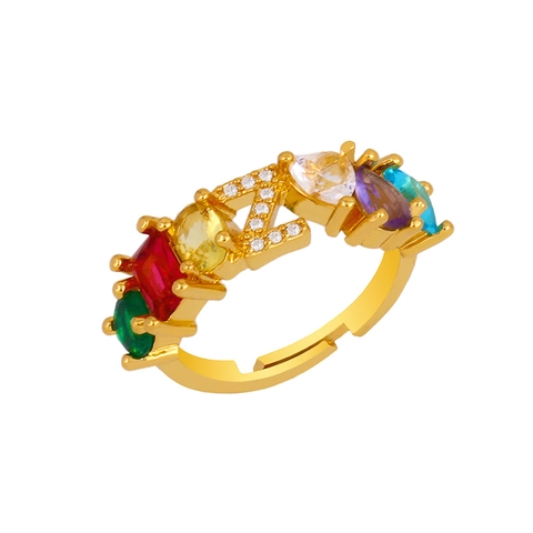 Alphabet Initial Letter Ring Gold Plated Copper Colorful Zircon Adjustable Open Trendy Fashion Jewelry For Women
