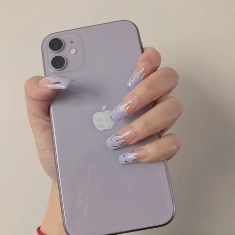 Lange Coffin Press On Nagels Vlammenpatroon Glanzende Kunstnagels Voor Vrouwen Dagelijkse Manicure