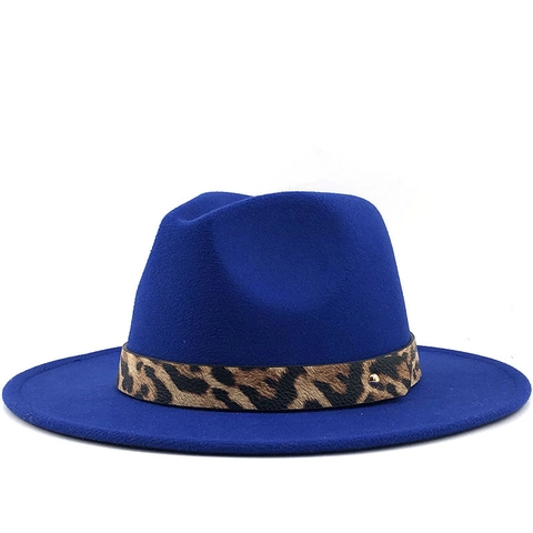 Cappello Fedora Feltro Di Lana Tesa Larga Piatta Vintage Fascia Leopardata Rivetto Oro Jazz Berretto Donna Uomo Moda