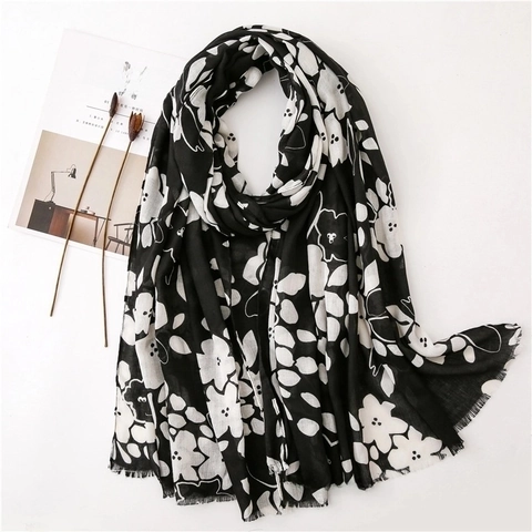Women Long Cotton Linen Feel Scarf Black White Floral Print Lightweight Sun Protection Shawl Wrap With Frayed Edges