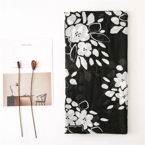 Women Long Cotton Linen Feel Scarf Black White Floral Print Lightweight Sun Protection Shawl Wrap With Frayed Edges