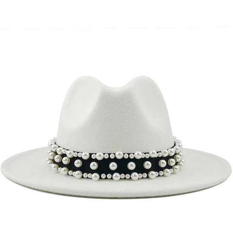 Elegant Cashmere Woolen Fedora Hat For Women Wide Brim Jazz Hat With Pearl Band Decoration Formal Party Wedding Hat