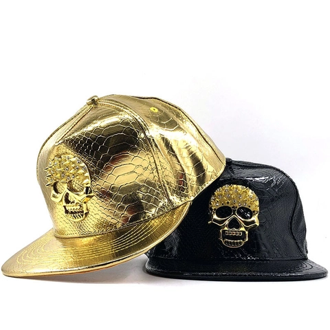 Baseballkappe Aus Kunstleder Mit Schlangenmuster Metallschädel Straßsteinen Nieten Hip Hop Snapback Hut Unisex