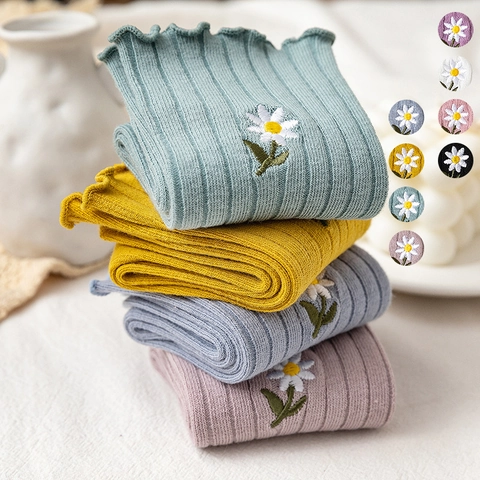 Women Cotton Crew Socks Ribbed Knit Daisy Embroidery Ruffle Trim Lettuce Edge Sweet Japanese Style Breathable Soft