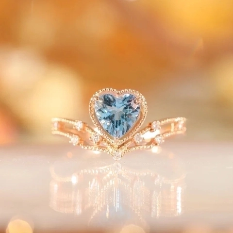 Elegant Rose Gold Heart Blue Zirconia Adjustable Open Ring For Women Vintage Princess Style Jewelry Birthday Gift