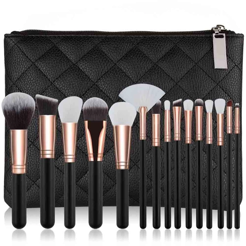 Pennelli Da Trucco Professionali Manico In Legno Fibra Sintetica Ghiera Oro Rosa Con Borsa Per Cosmetici In Pelle PU