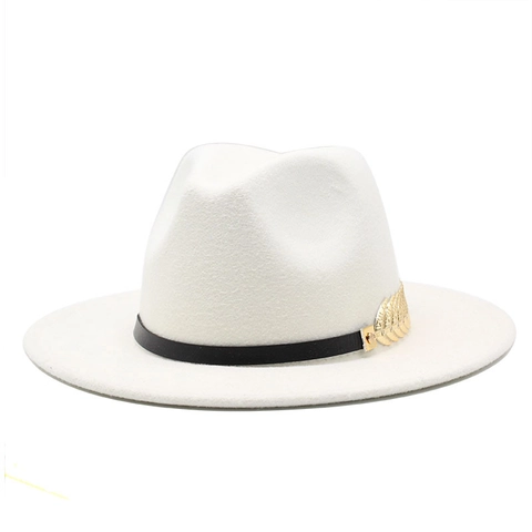 Vintage Fedora Hat Wool Felt Wide Brim Metal Leaf Decoration British Style Elegant Formal Jazz Cap For Women