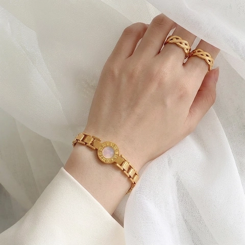 Bracciale E Anello In Acciaio Inossidabile Con Numeri Romani Intarsio Di Conchiglia Gioielli Di Moda Per Donna